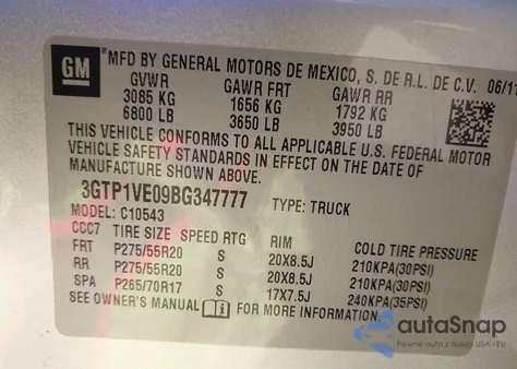 2011 GMC Sierra 1500 Sle from USA, damaged, VIN 3GTP1VE09BG347777